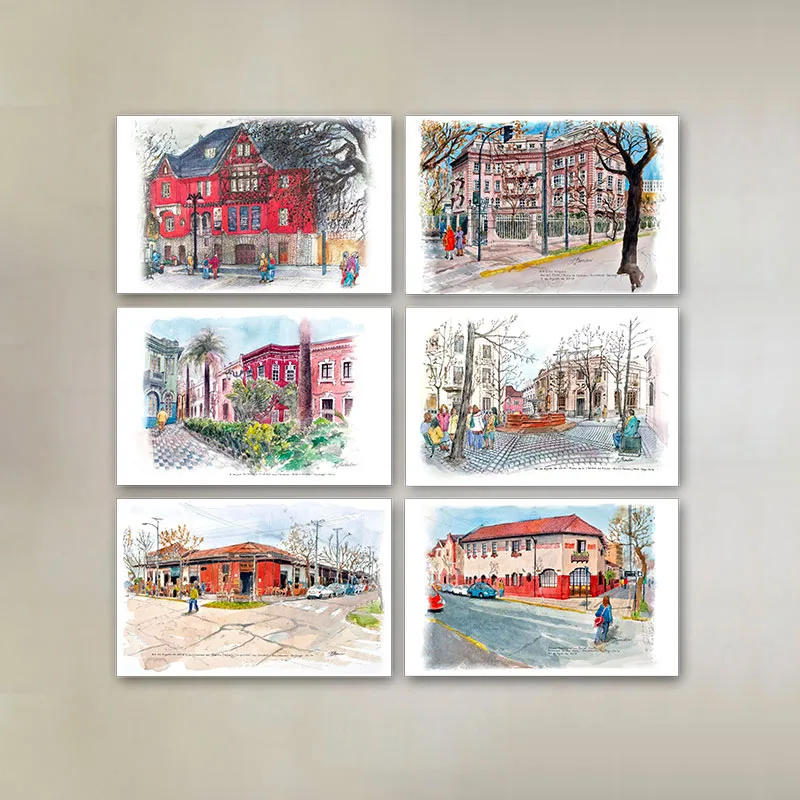 Set de 6 Postales de Croquis de los barrios de Santiago de Chile Antiguo - Erika Brandner