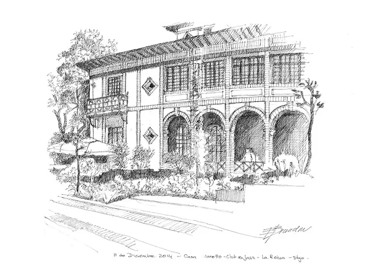 Croquis hecho en tinta in situ de la Casa Marotto en la comuna de La Reina, Santiago de Chile por Erika Brandner
