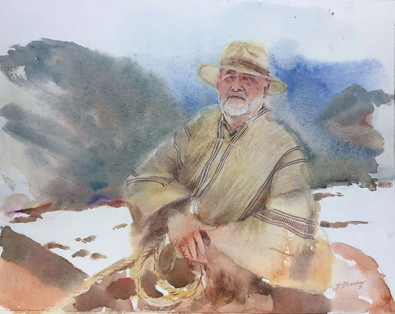 Acuarela de CHidalgo posando en su Caballo Chileno con un poncho y sombrero en la cordillera y nieve pintada por Erika Brandner